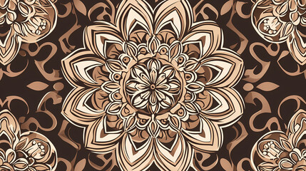 Wall Mural - Brown kaleidoscopic mandala pattern featuring intricate repetitive designs ideal for textile and wallpaper applications. Intricate Mandala Pattern. Illustration