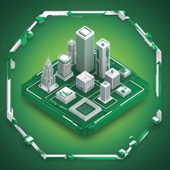 Poster - A Low Poly Cityscape with a Green Square Grid