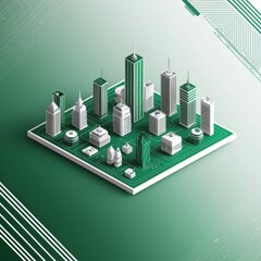 Poster - 3D isometric cityscape with green space and modern skyscrapers