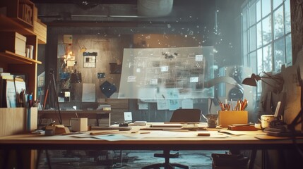 Poster - an intricate look at a workstation cluttered with sketches and tools while a detailed ar prototype f