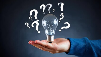Aufkleber - Bright Idea! Businessman Holds Glowing Question Mark Bulb, Solution Concept, Creative Thinking,     