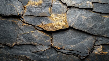 Poster - Dark grey slate stone wall background texture with gold veins