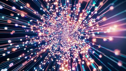 Poster - Vibrant digital explosion of colorful light particles: Futuristic technology concept animation for data visualization, AI, and virtual reality backgrounds
