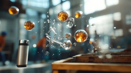 Poster - An aesthetically pleasing dynamic splash of liquid with drops and bubbles in a bright industrial setting, evokes thoughts of energy and movement in a creative space.