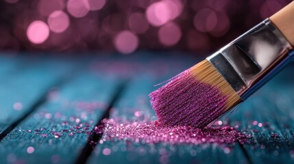 Poster - A striking image of a paintbrush resting on a wooden surface, sprinkled with vibrant purple glitter, symbolizing creativity, artistic expression, and the joy of crafting.