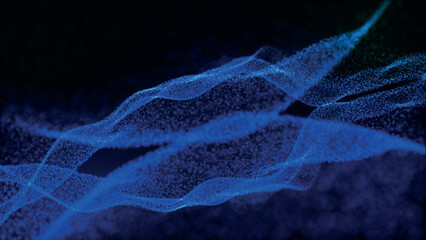 Poster - Futuristic point wave of particles. Visualization of sound waves. Dark background. Technology or science banner. Abstract digital 3D wave. Vector illustration.