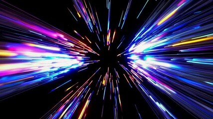 Poster - Colorful light streaks tunnel animation. Flight through space background. Nebulae in universe. Bright neon beams effect