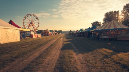 Wall Mural - Fairground path at sunset with Ferris wheel and tents.