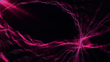 Poster - Futuristic point wave of particles. Visualization of sound waves. Dark background. Technology or science banner. Abstract digital 3D wave. Vector illustration.