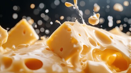 Poster - A stunning close-up of cheese splashing in liquid, capturing the interplay of texture and motion, evoking sensations of indulgence and culinary creativity.