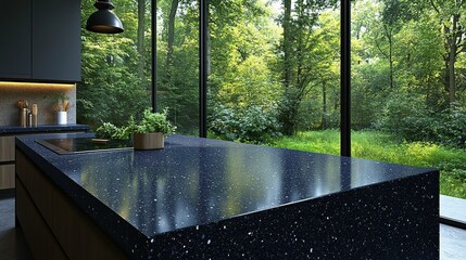 Wall Mural - Dark kitchen island, forest view, modern home interior