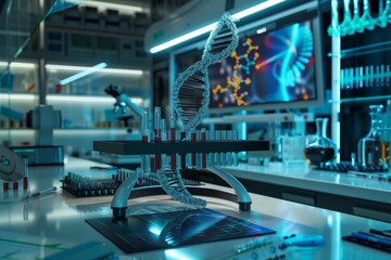 Poster - A futuristic laboratory setting with a holographic DNA model suspended above a table with test tubes, Create a visualization of genetic engineering in a lab setting
