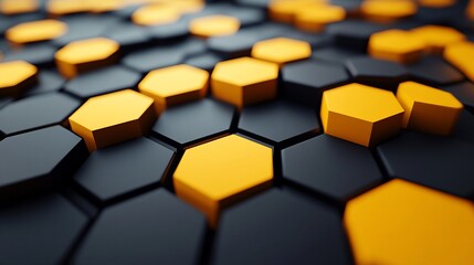 Poster - Abstract 3D hexagonal pattern with dark grey and gold hexagons.
