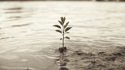 Wall Mural - Small plant seedling growing in muddy water near riverbank.