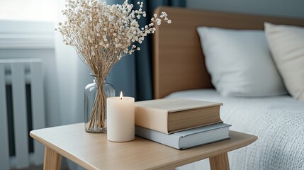 Wall Mural - A softly lit bedroom features a circular side table adorned with a lit candle, dried flowers in a vase, and stacked books, creating a tranquil atmosphere in the morning light