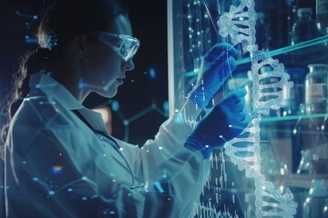 Poster - a female scientist in a lab coat examines a digital dna strand on a holographic display, imagine a w