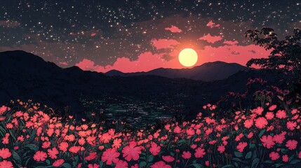 Wall Mural - Serene Sunset Over Flower Field with Stars and Mountain View