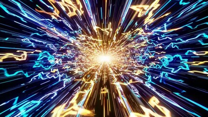 Poster - Flying through abstract digital data tunnel. Future and futuristic technology background. Dynamic light streaks. Cybersecurity visualization