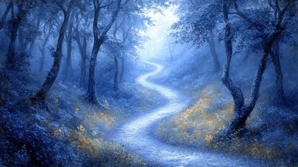 Wall Mural - Tranquil Misty Landscape with Curved Path Through Serene Forest
