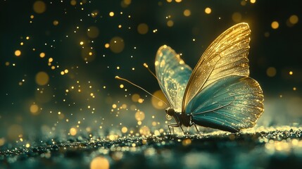 Wall Mural - Golden Butterfly with Sparkles on Dark Background, Dreamy Effect