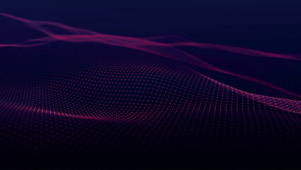 Poster - Futuristic point wave of particles. Visualization of sound waves. Dark background. Technology or science banner. Abstract digital 3D wave. Vector illustration.