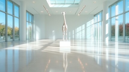 Poster - Striking giraffe sculpture elegantly displayed in a minimalistic gallery with abundant natural light, inviting viewers to appreciate its unique artistic form and concept.