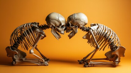 The image presents two skeletons kneeling and facing each other, depicted against a warm background, illustrating a stark contrast between life and death and evoking deep reflection.