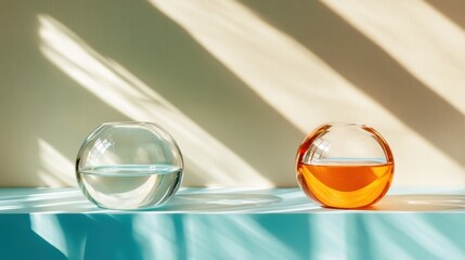 Poster - Two spherical glass containers filled with water in contrasting colors, beautifully illuminated and casting defined shadows, appear vibrant and refreshing in the light.