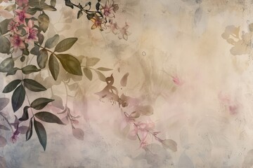 Poster - a tranquil watercolor background with soft pink blossoms and green foliage, a peaceful watercolor ba