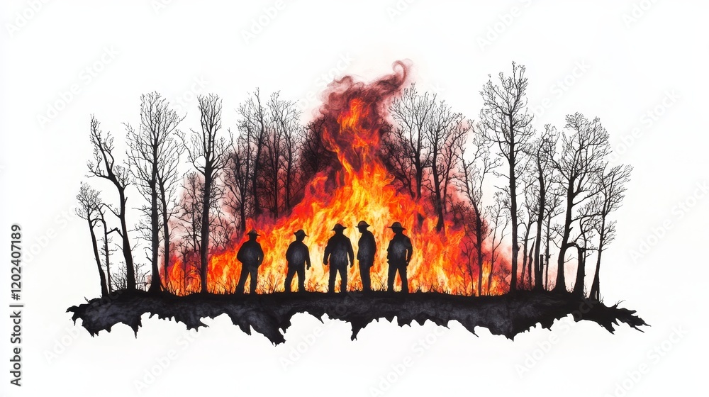 Wildfire Fighters Silhouette Five Firefighters Silhouetted Against A