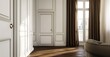 © David Giraud - Un mur blanc avec un plancher en bois, une porte et des rideaux en arrière-plan, une pièce classique dans le style du design français, simple et élégante.