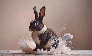 Poster - A rabbit is standing in a spray of white foam. The rabbit is black and white and has a curious look on its face. The scene is playful and whimsical, with the rabbit seemingly enjoying the spray of