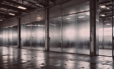 Poster - A large, empty warehouse with a lot of windows. The windows are covered with plastic, giving the space a sterile, industrial feel