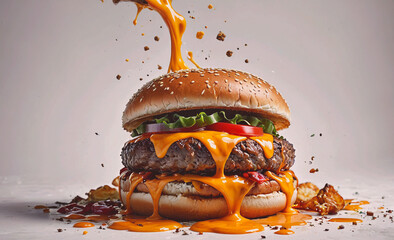 Poster - A burger with melted cheese and ketchup dripping from it. The burger is on a white background