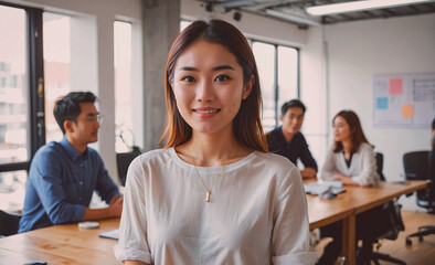 Poster - A woman is smiling and posing for a picture in front of a group of people. The group consists of a man and three women, all of whom are seated at a table. The woman is wearing a white shirt and a