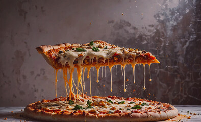 Aufkleber - A slice of pizza with cheese dripping from it. The pizza is on a table and the cheese is falling off the slice