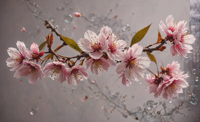 Poster - A close up of a branch with pink flowers. The flowers are in full bloom and the branch is covered in them. The image has a serene and peaceful mood, as the flowers are delicate and beautiful