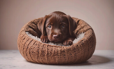 Poster - A brown dog is laying in a bed. The bed is made of a soft material and is brown in color