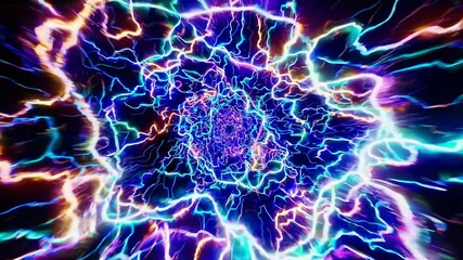 Poster - Travel through colorful wormhole in deep space. Interstellar cosmic exploration concept. Galaxy, nebulae and universe. Science fiction animation. Flight through universe tunnel