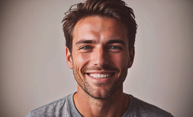 Aufkleber - A man with a smile on his face is wearing a gray shirt. He is looking directly at the camera