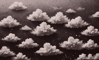 Poster - A black and white photo of clouds with a moody, dreamy atmosphere. The clouds are scattered throughout the image, with some appearing closer to the foreground and others further in the background. The