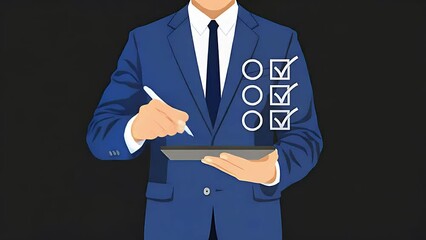 Poster - Mobile Business Performance Checklist: Man completing online survey, assessment, evaluation,        