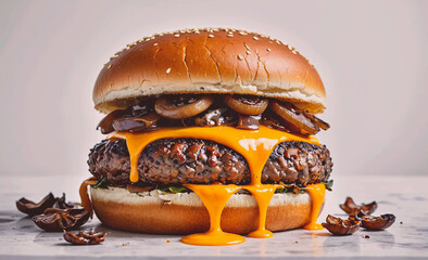 Poster - A large burger with melted cheese and onions on top. The burger is sitting on a white table