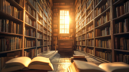 Wall Mural - Ancient library with tall wooden shelves, dusty golden light streaming in, open books scattered, vintage and mysterious setting. Vintage Library Setting. Illustration