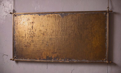 Poster - A large gold framed sign with a white background. The sign is hanging from the ceiling. The sign is empty and has a rustic look to it