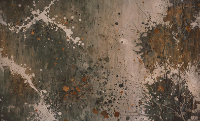 Poster - A painting of a tree with brown and orange splatters on it. The splatters give the painting a sense of chaos and disorder