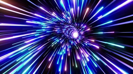 Poster - Colorful light streaks tunnel animation. Flight through space background. Nebulae in universe. Bright neon beams effect