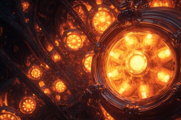 Glowing Orb Array Within Dark Metallic Structure