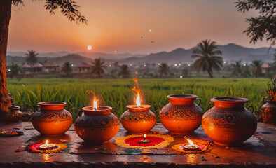 Poster - a group of five clay pots with candles inside them are arranged on a table. the candles are lit and 