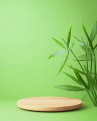 Wall Mural - Bamboo Plant and Round Wooden Stand on Green Background